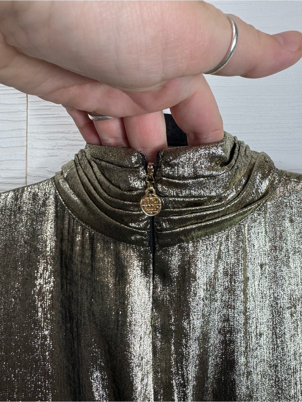 Emily McCarthy Metallic Gold Pleated Midi Dress Party Holiday New Years - Picture 10 of 12